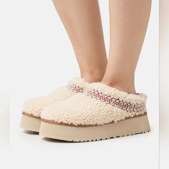 Platform embroidered braided Sherpa slip-on mules shoes ivory cream size 6 Boho - Picture 6 of 11